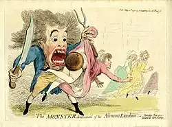 Picture of the Monster holding up a woman and looking shocked that she has a porridge pot on her rump to protect herself
