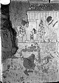 East wall of the chapel. In the upper register, a funeral procession departs from a shrine between two trees. The register below is less visible, but also depicts a funeral procession.