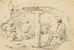 Pencil study of three men in a mine (1851)