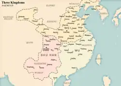 The territories of Shu Han (in light pink), as of 262 A.D.
