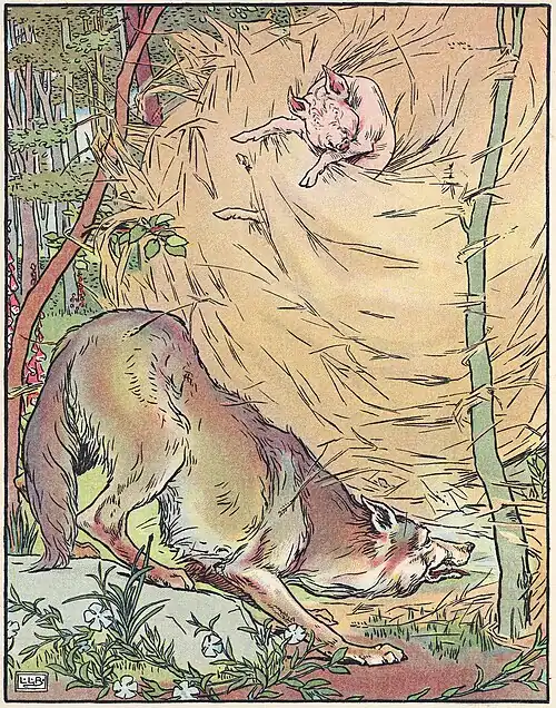 Image 11 Three Little Pigs Artist: Leonard Leslie Brooke; Restoration: Jujutacular The wolf blows down the straw house in a 1904 adaptation of Three Little Pigs, a fairy tale featuring anthropomorphic animals. Printed versions date back to the 1840s, but the story itself is thought to be much older. The story in its arguably best-known form appeared in English Fairy Tales by Joseph Jacobs, first published in 1890. The phrases used in the story, and the various morals which can be drawn from it, have become embedded in western culture. The story uses the literary rule of three, expressed in this case as a "contrasting three", as the third pig's brick house turns out to be the only one which is adequate to withstand the wolf. More selected pictures