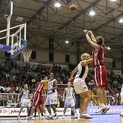 Image 10A three-point field goal by Sara Giauro during the FIBA Europe Cup Women Finals, 2005 in Naples, Italy
