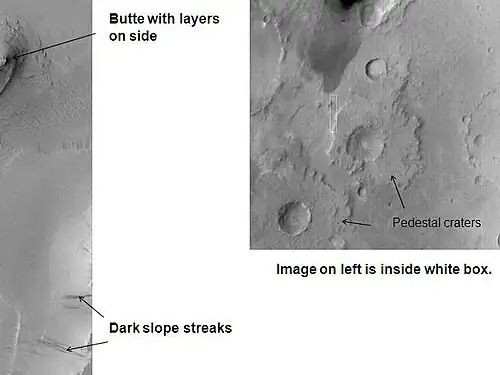 Tikhonravov Crater floor in Arabia quadrangle, as seen by Mars Global Surveyor. Click on image to see dark slope streaks and layers.