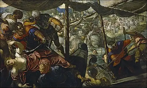 The Rape of Helen by Tintoretto (1578–1579, Museo del Prado, Madrid); Helen languishes in the corner of a land-sea battle scene.[67]