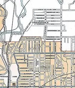 1915 Atlas of Canada, showing what is today the area in which Pape Village is located (then known as Todmorden), to the north of the (then) boundary of the City of Toronto