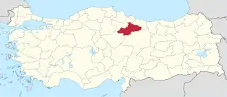 Tokat highlighted in red on a beige political map of Turkeym
