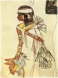 A painting of a girl holding several birds and bunches of lotus flowers