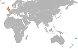 Map indicating locations of Tonga and United Kingdom