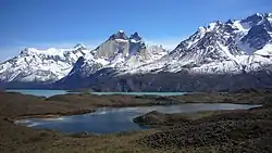 Cerro Paine Grande (left), Cuernos del Paine centered, Monte Almirante Nieto (right)