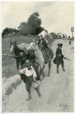 Painting shows a woman on horseback, a man with a rifle, and a boy fleeing town. In the distance, people are throwing rocks at them.