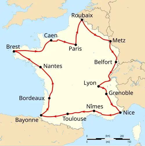 Map of France with the route of the 1907 Tour de France on it, showing that the race started in Paris, went clockwise through France and ended in Paris after fourteen stages.