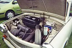 Trabant with the hood up; the engine is small.