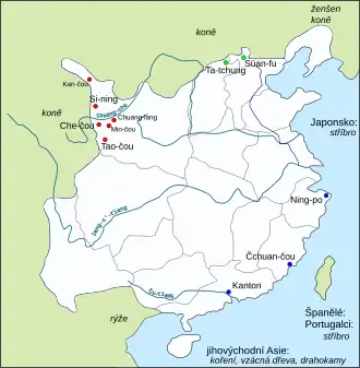 Map of China, with six cities on the northwest border with Tibet marked in red, two cities in the north (Datong and Xuandu) in green, and three ports in the southeast (Ningbo, Quanzhou, and Canton) in blue.