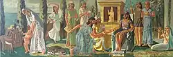 A painting of ancient Phoenicians dancing, playing music, and paying tribute to their rules