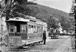 Two tramcars at the Mourne Hotel terminus in Rostrevor.
