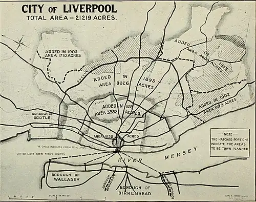 Expansions of Liverpool boundaries in 1835, 1895, 1902, 1905 and 1913.