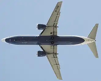 737 Classic with larger CFM56 engines mounted mostly ahead of the wing