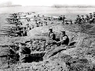 Soldiers training in trench warfare, with well-defined fire bays connected by offset traverse trenches, with zigzag communication trenches leading to the rear area