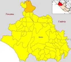 Trevinano (blue spot) within the municipality of Acquapendente (orange) and the province