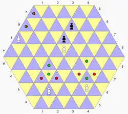 The white pawns can move to cells marked with green dots, or capture on red dots. The white pawn on f21 has no step straight forward, so advances one step at a time to promotion using its capture move, either moving or capturing. If the black pawn on g46 advances, the white pawn on e54 can capture it, for example: 1... e55 2. exf64 e.p.