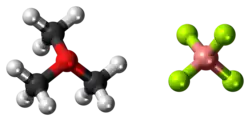Ball-and-stick models of the component ions of trimethyloxonium tetrafluoroborate