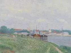 Trois Péniches Amarées aux Abords d'une Ville Industrielle, c.&nbsp;1886
