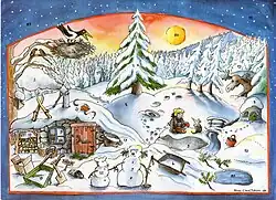 A colorful drawing of a scene connected to Sveriges Radio’s presentation of “Trollet med den gula kepsen”. It features a forest in snow, with a small cabin, animals and the titular troll with the yellow cap. The drawing is by Anna-Clara Tidholm, who has signed it in the corner.