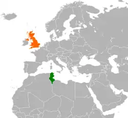 Map indicating locations of Tunisia and United Kingdom