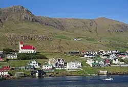 Tvøroyri seen from MS Smyril, with the church of Tvøroyri at left.