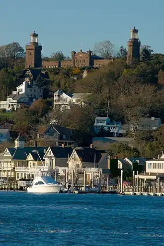 The eastern shore of Highlands borough, topped on a bluff by the Twin Lights of the Navesink
