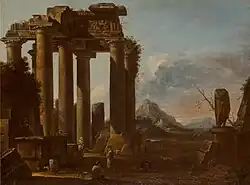 Two Classical Temples in Ruins with Statue, priv. col.