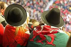 Two fans wearing the Welsh hat at an International Rugby match in Cardiff.