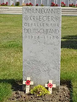 A single marker for two of the four German graves at Tyne Cot. Both are unknown.
