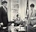 U.S. President Jimmy Carter (center) with Ted Kennedy (left) and Paul Tsongas signs the creation of Lowell National Historical Park, 1978
