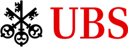 Three black keys together on the left of red letters 'UBS'.