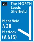 Leave the Motorway for A38 to Mansfield and Matlock (via. A615). Continue for the North, Leeds and Sheffield.