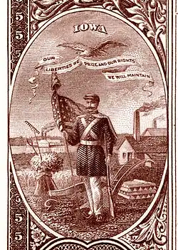Iowa state coat of arms from the reverse of the National Bank Note Series 1882BB