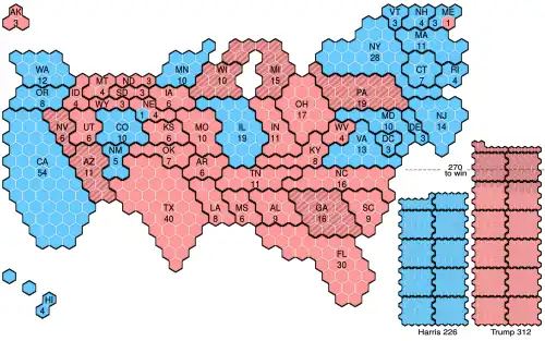 A discretized cartogram of the 2024 United States presidential election using hexagons