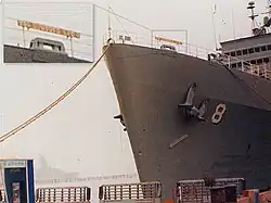 Bow of United States Navy ship USS Dubuque LPD-8, view from pier