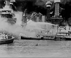 Hyperboloid mast towers were on the USS&nbsp;West Virginia aflame at Pearl Harbor on December 7, 1941.