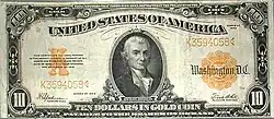 1922 $10 gold certificate featuring Hillegas's portrait