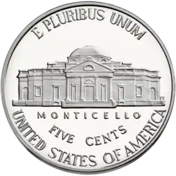 Monticello as portrayed on the reverse of the Jefferson nickel