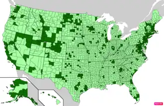 Counties in the United States by median nonfamily household income according to the U.S. Census Bureau American Community Survey 2013–2017 5-Year Estimates.[296] Counties with median nonfamily household incomes higher than the United States as a whole are in full green.