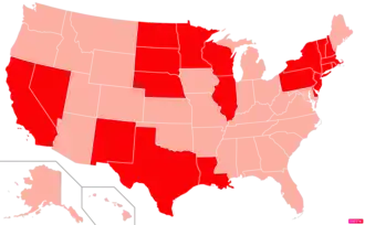 States in the United States by Catholic population according to the Pew Research Center 2014 Religious Landscape Survey.[268] States with Catholic population greater than the United States as a whole are in full red.