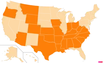 States in the United States by Evangelical Protestant population according to the Pew Research Center 2014 Religious Landscape Survey.[268] States with Evangelical Protestant populations greater than the United States as a whole are in full orange.