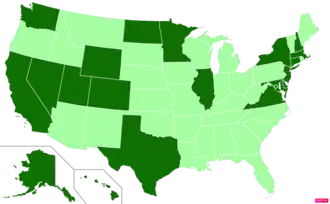 States in the United States by median nonfamily household income according to the U.S. Census Bureau American Community Survey 2013–2017 5-Year Estimates.[296] States with median nonfamily household incomes higher than the United States as a whole are in full green.