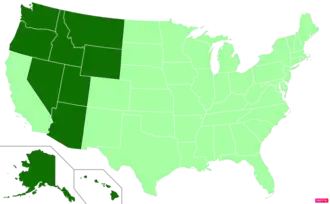 States in the United States by non-Protestant and non-Catholic Christian (e.g. Mormon, Jehovah's Witness, Eastern Orthodox) population according to the Pew Research Center 2014 Religious Landscape Survey.[268] States with non-Catholic/non-Protestant Christian population greater than the United States as a whole are in full green.