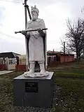 Monument to Konashevych-Sahaidachny in Manhush; unveiled in October 2017 at the initiative of the far-right political party National Corps and the Azov Regiment.[80][81] The monument was dismantled on 7 May 2022 by Russian occupation authorities during the 2022 Russian invasion of Ukraine who claimed that the monument would be redeployed to an unmentioned museum.[81]