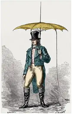 Umbrella fitted with lightning conductor, designed by Jacques Barbeu-Dubourg. 18th century engraving