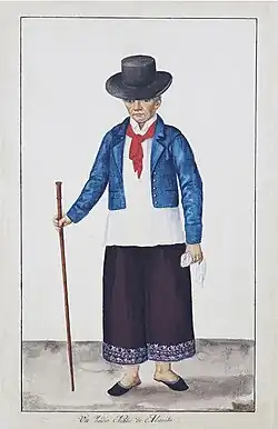 Barong tagalog under a coat with a neckerchief (c. 1830s). Note the sayasaya trousers.